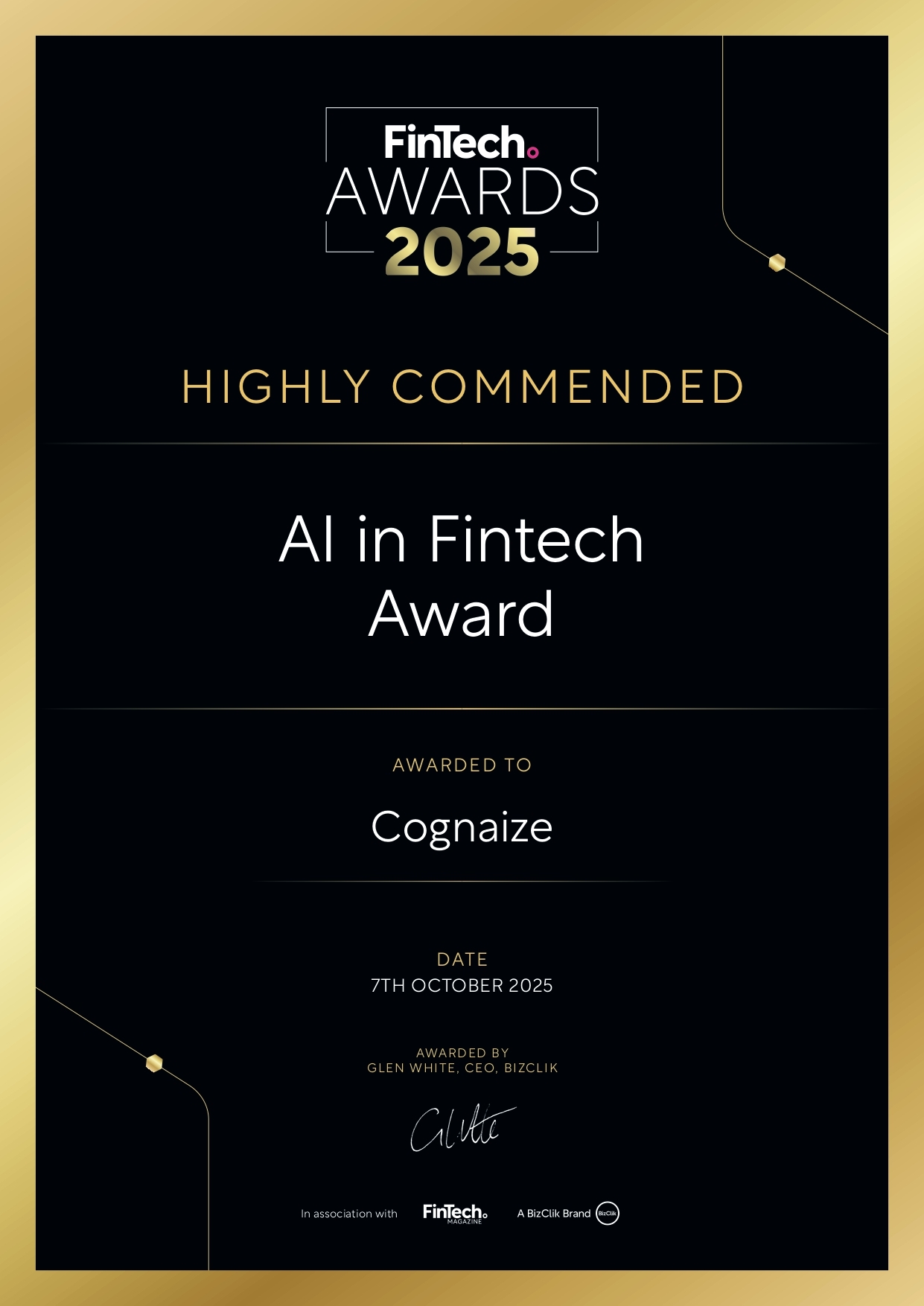 FIN-Awards-2025-Certificate-AI in Fintech Award-Cognaize